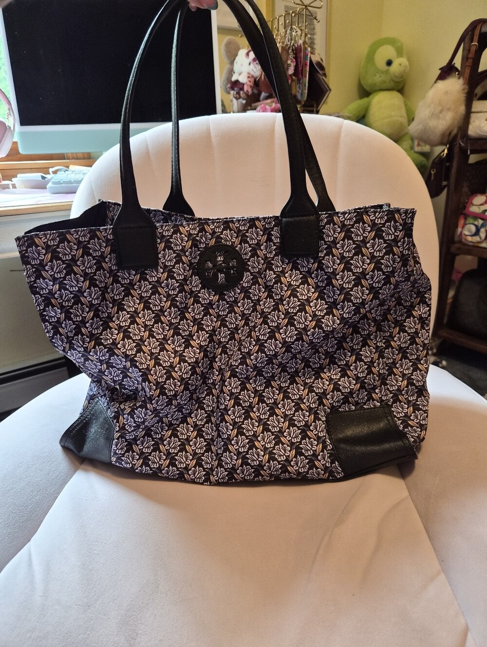 Tory Burch Black and White Quilted Floral Tote Nwot